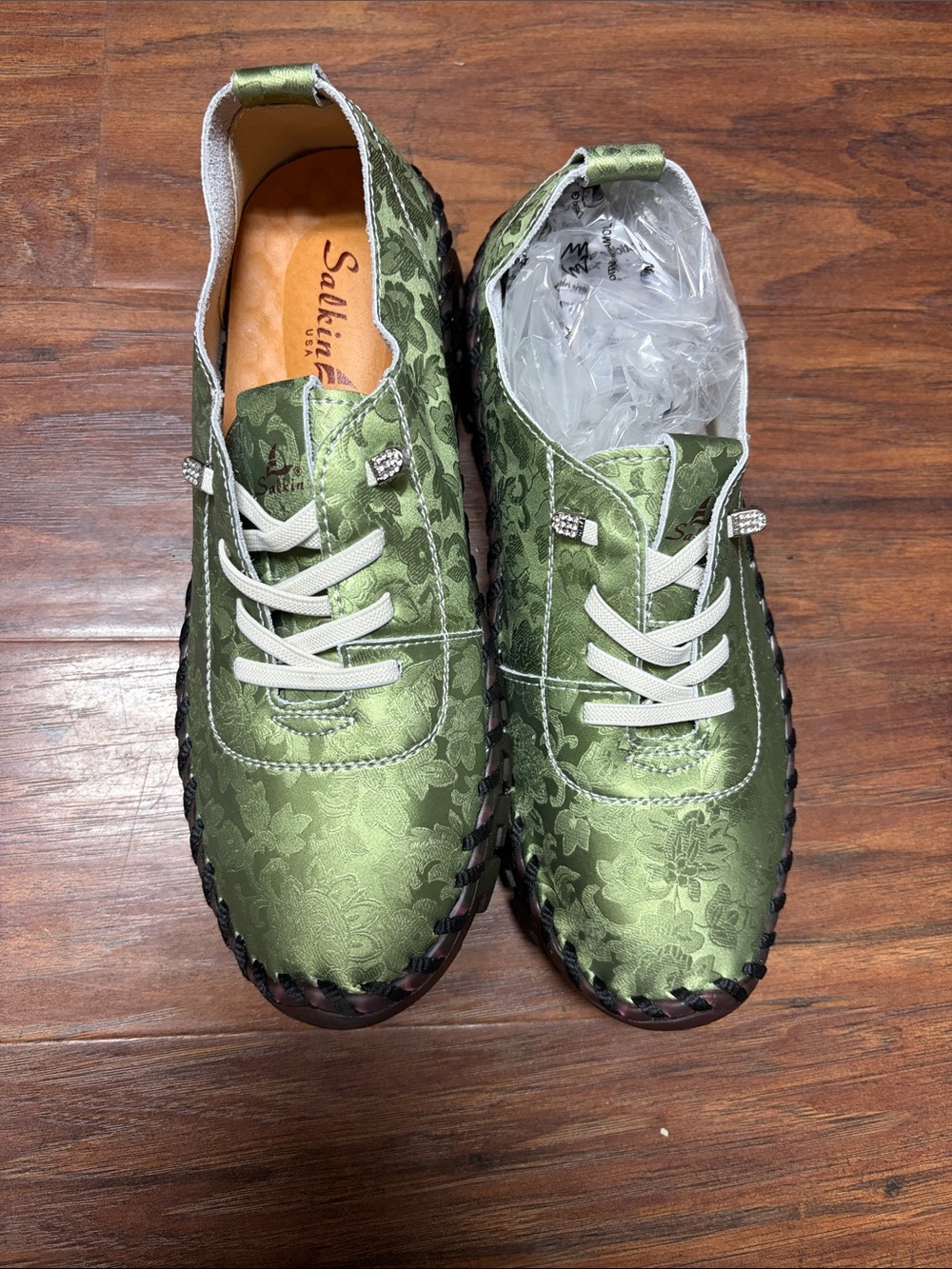 Sakina Green Floral Satin Lace-Up Sneakers